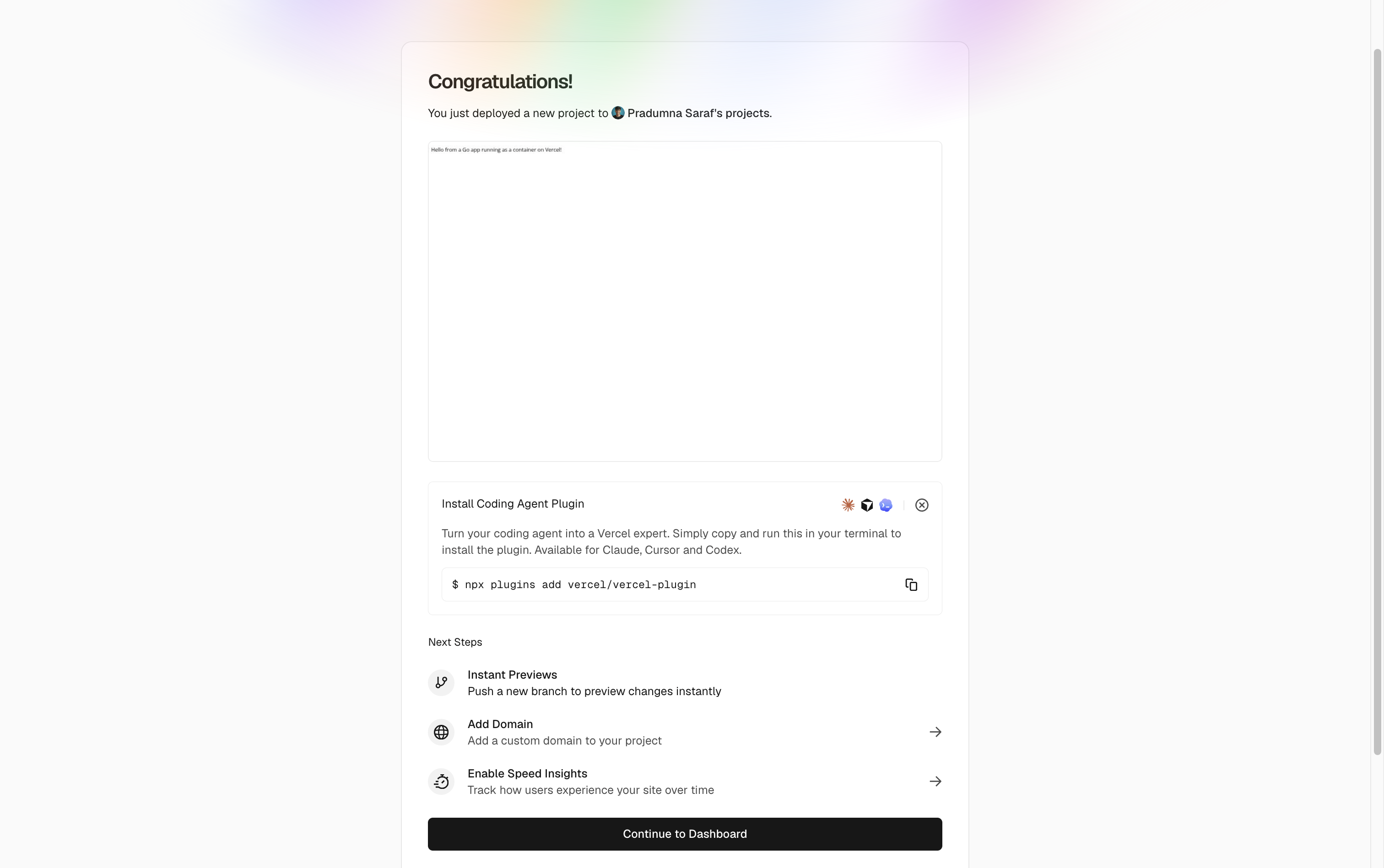 The deployment success screen with a Go to dashboard button