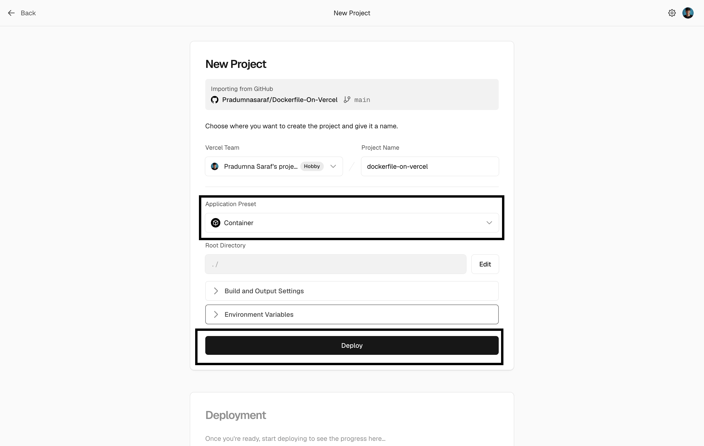 The New Project screen with the Application Preset automatically set to Container and the Deploy button highlighted